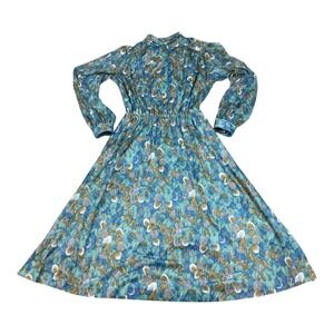 Vintage 1970s Long Sleeve Feathers Dress High Neck Cinched Waist Full Skirt Boho